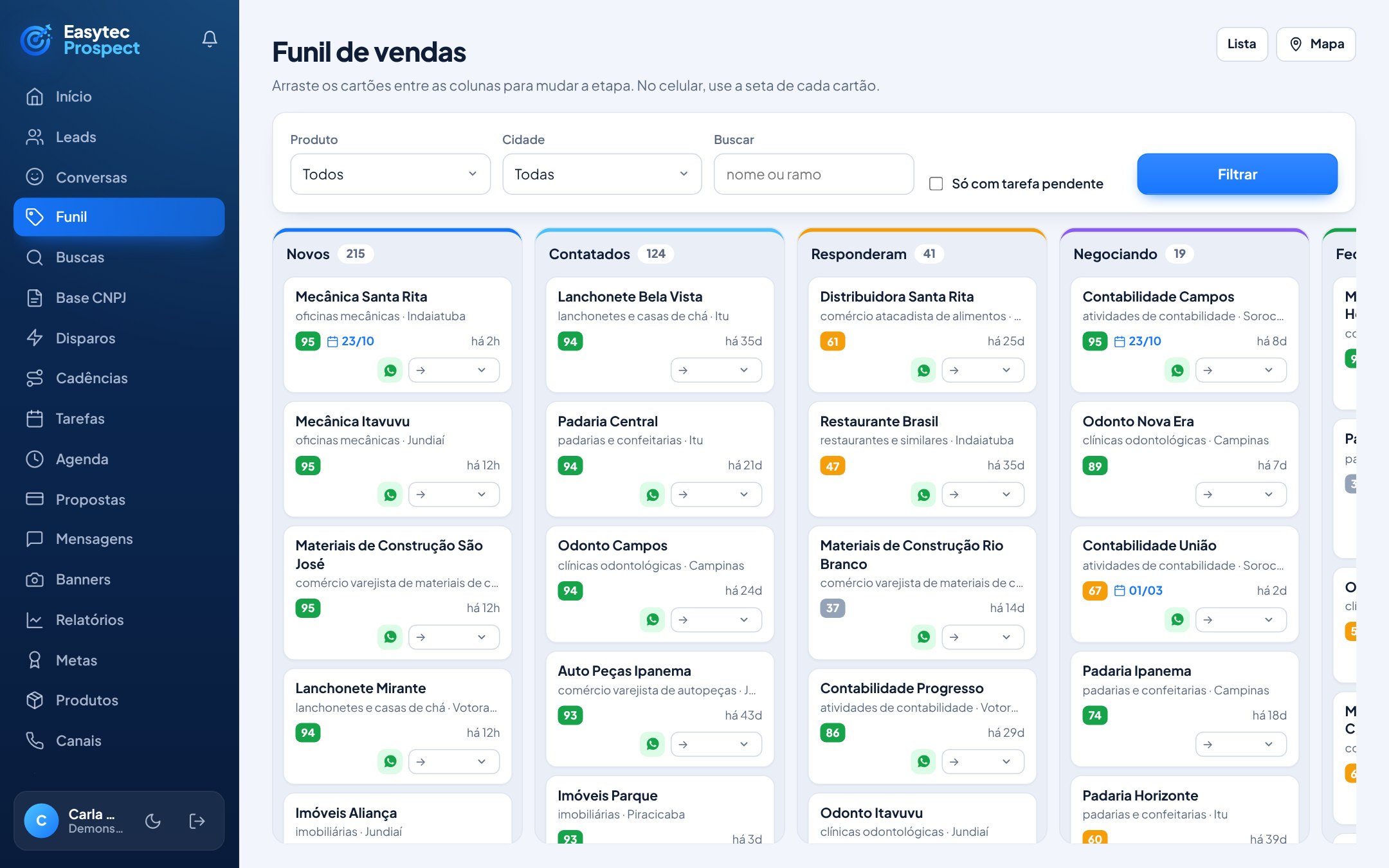 Funil de vendas em colunas, com score, tarefas e valor de cada oportunidade